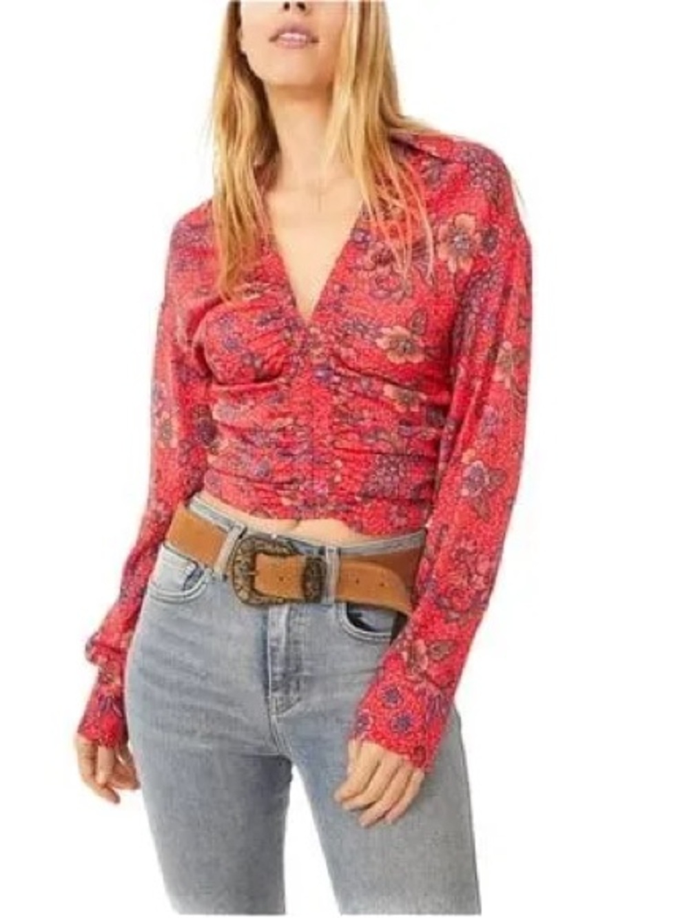 Free People Got You Floral Ruched V-Neck Crop Top